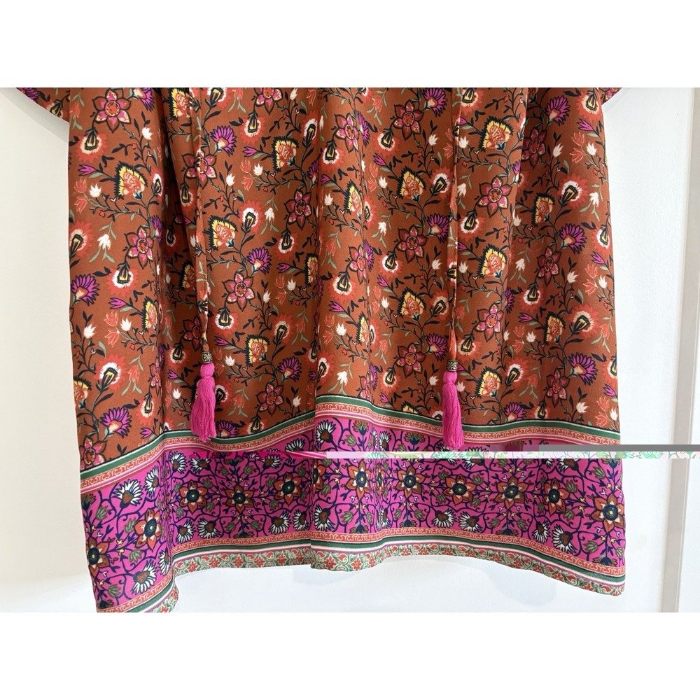 DR2 by Daniel Rainn Boho Floral Tassel Blouse M Short Sleeve Rust Pink Peasant - Picture 3 of 10